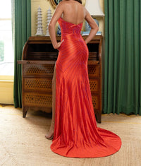 Rachel Allan - Beaded Halter Slit Prom Gown