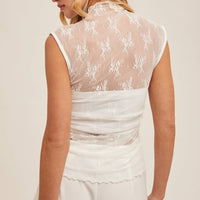 Hem & Thread Mock Neck Ruched Lace Top in white - women's blouse - detail view