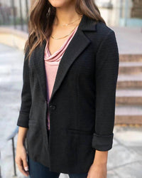Grace and Lace Textured Front Button Blazer in black - women's jacket - detail view