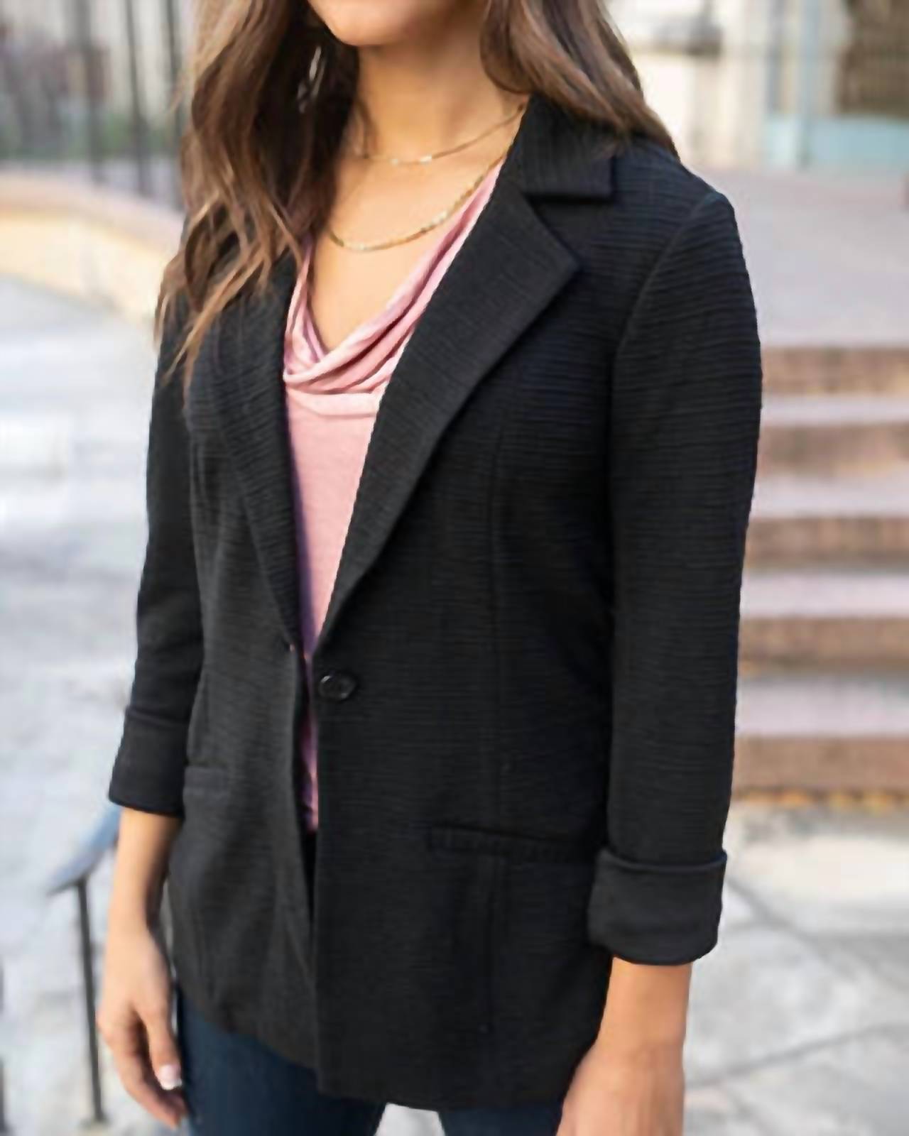 Grace and Lace Textured Front Button Blazer in black - women's jacket - detail view