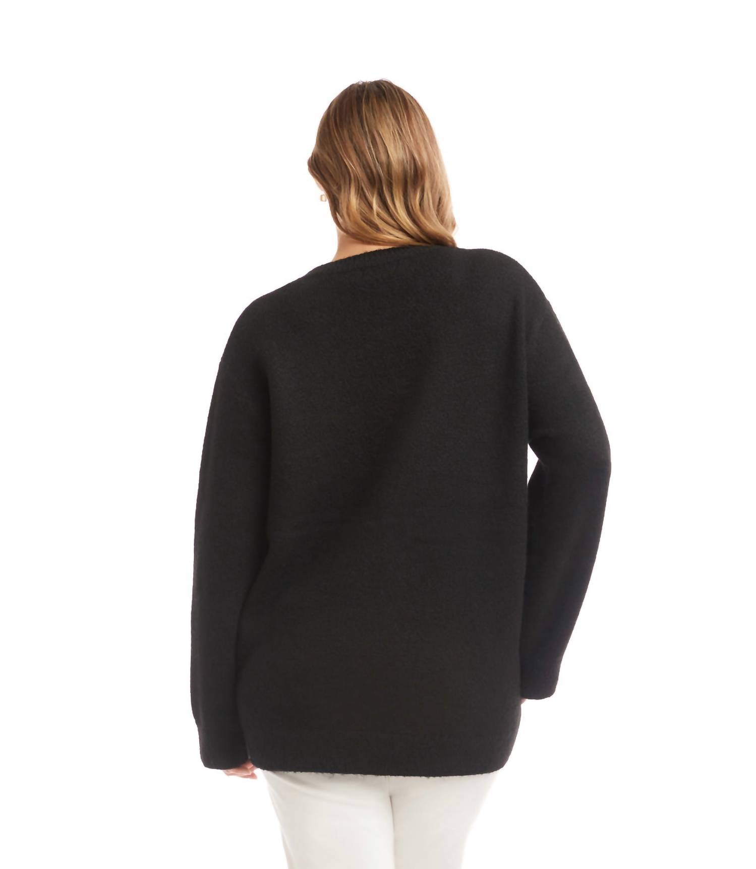 Karen Kane Heart Jacquard Long Sleeve Sweater - Plus in black and cream - women's sweater - detail view