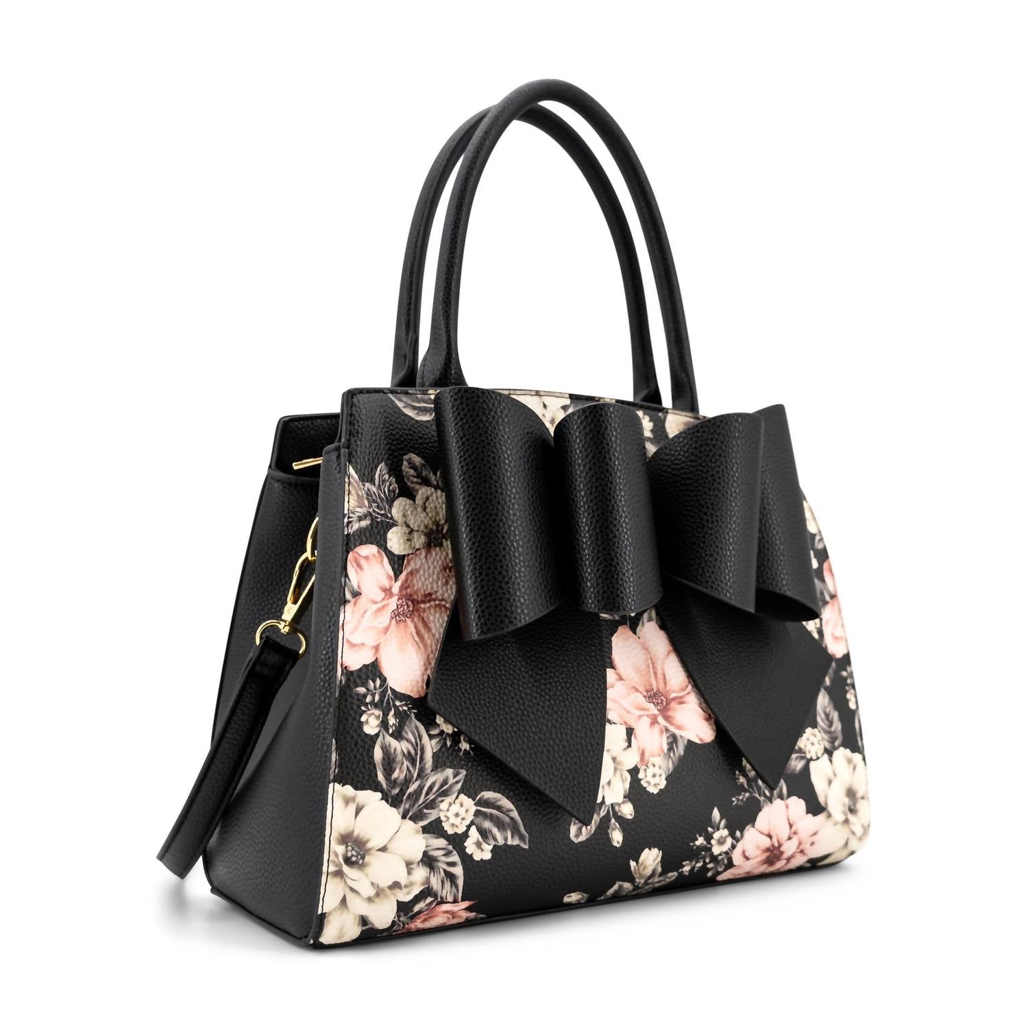 Like Dreams Women's Rosalie Bow Top Handle Satchel Bag in black floral print - women's bag - detail view
