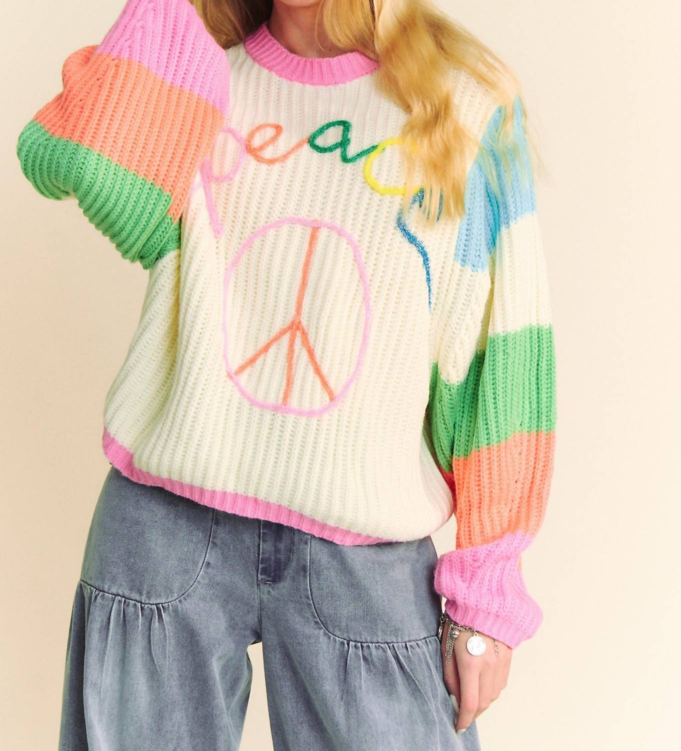DAVI & DANI 3d Chunky Thread Peace Sign Sweater in beige multi - women's sweater