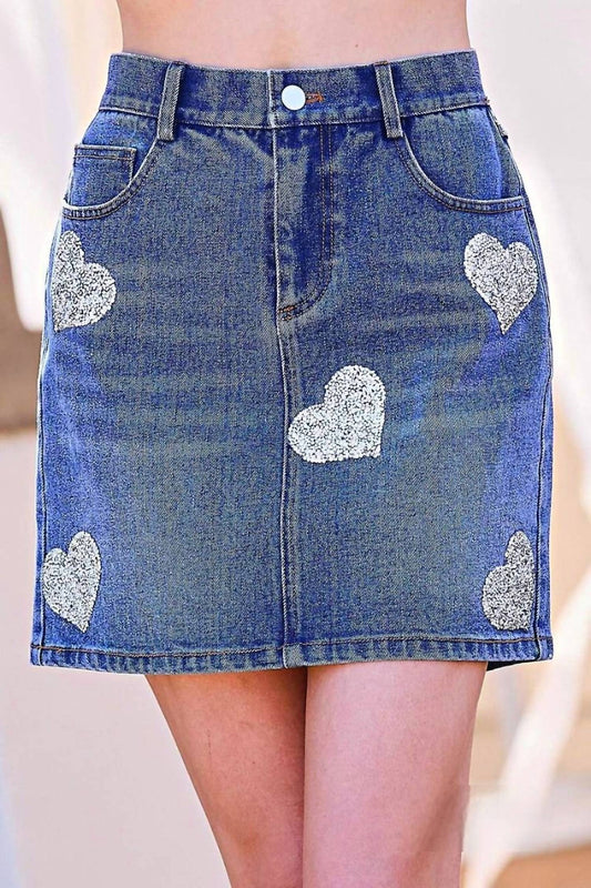 Mainstrip - Abbey Sequined Hearts Denim Mini Skirt