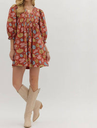 Entro - Botanical Print Puff Sleeve Mini Dress