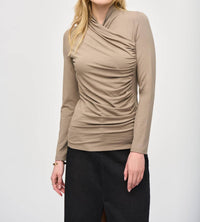 Joseph Ribkoff Long Sleeve Knitted Ruched Fitted Top in java - women's long sleeve top - detail view