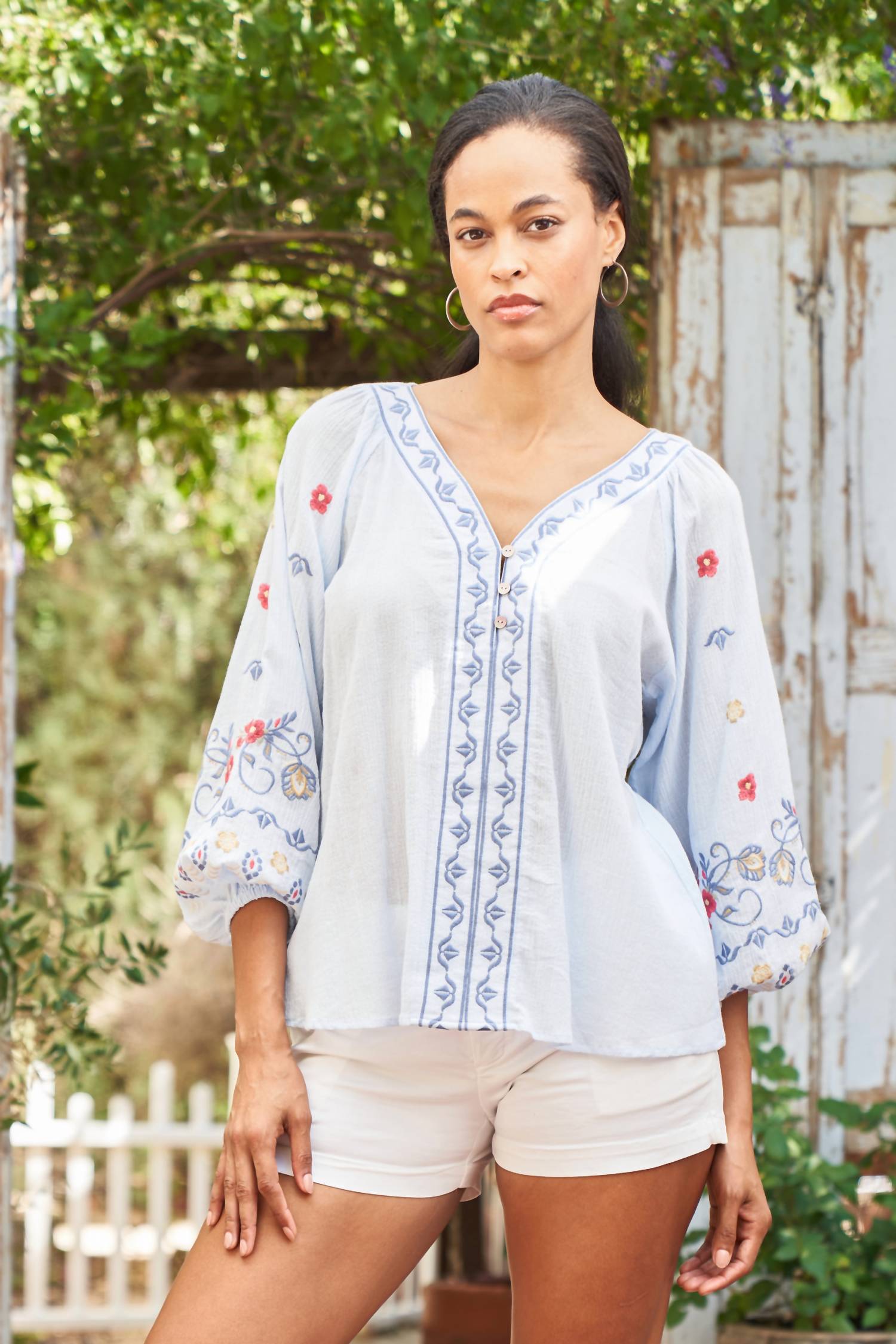 Paparazzi - Gauze Embroidered Peasant Shirt
