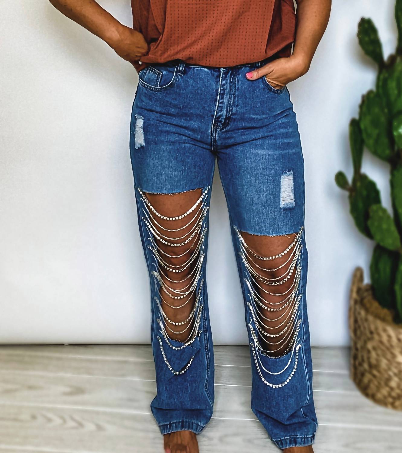 Kiwi The Rhinestone Straight Leg Jean in blue - women's jeans - detail view