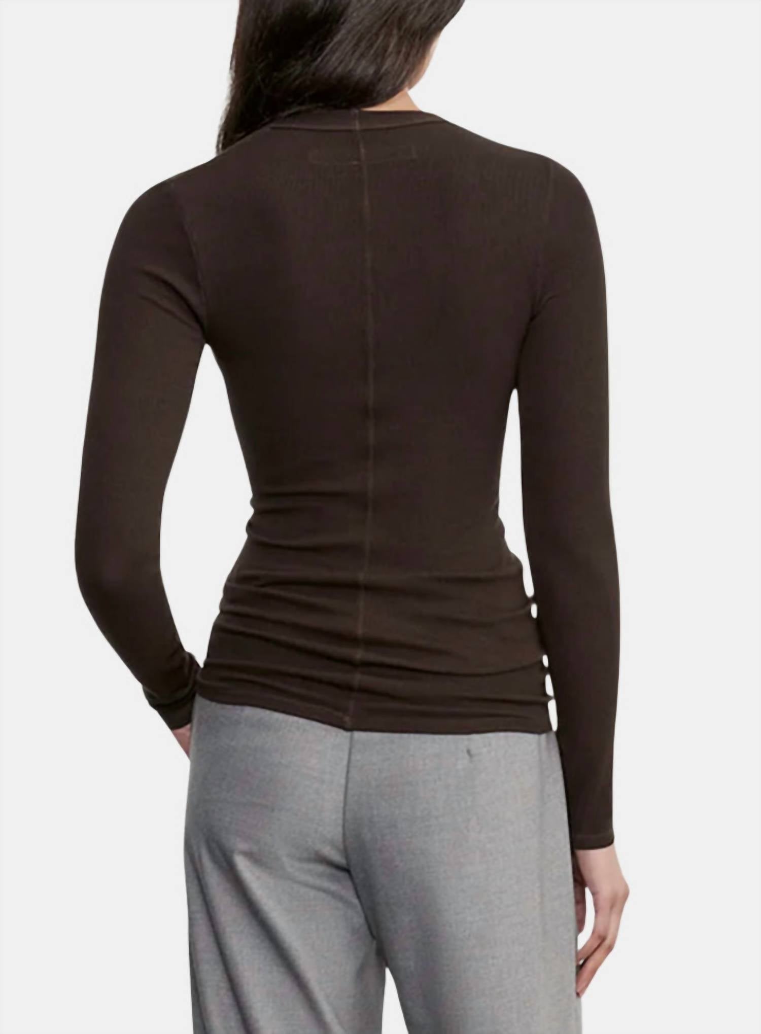 Enza Costa Rib Bold Long Sleeve U Top in coffee bean - women's long sleeve top - alternate view