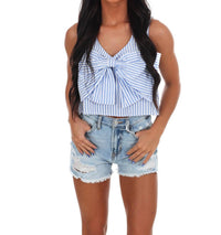 day + moon Sugar Stripe Bow Crop Top in light blue - women's shirt - view 4