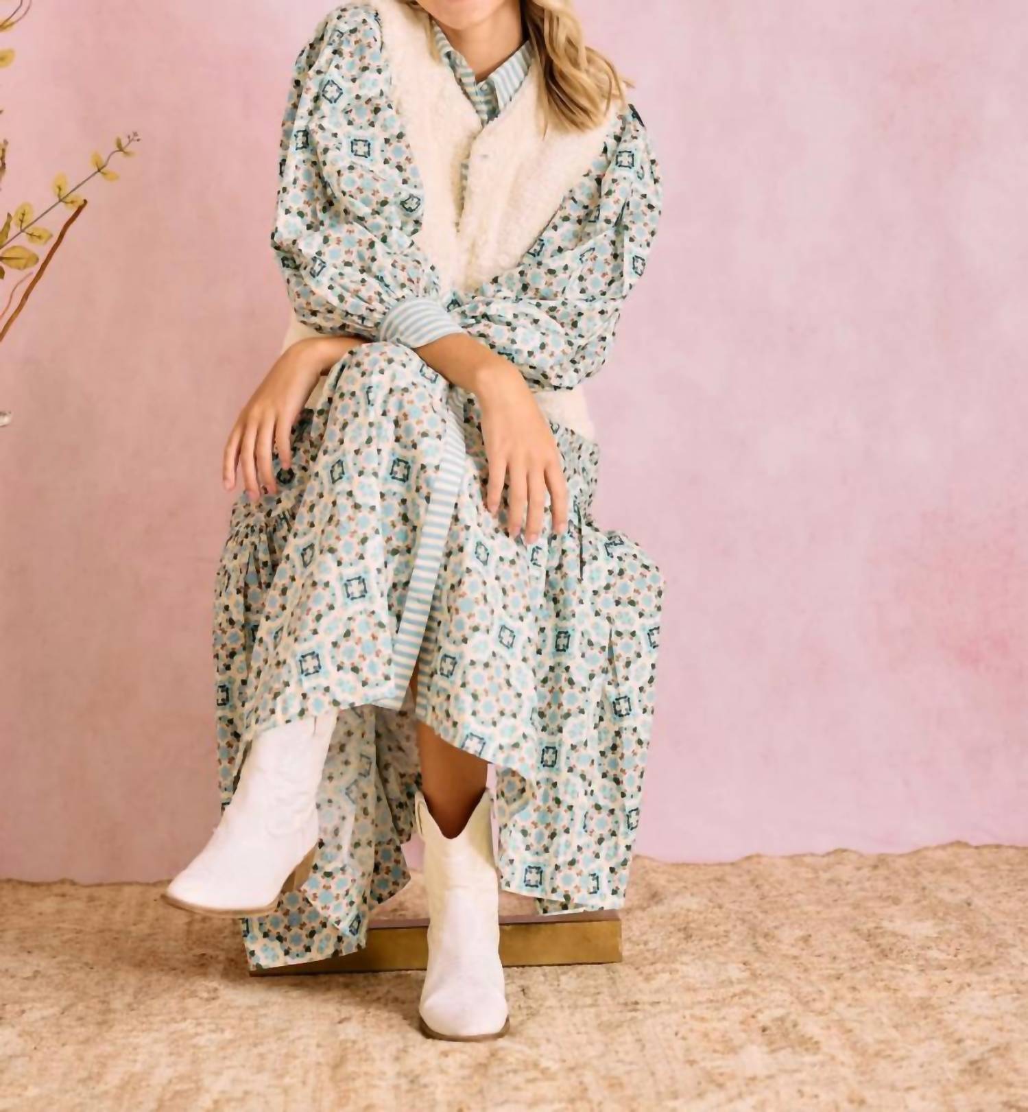 BROOKS AVENUE Laura Long Sleeve Dress in quatrefoil blue ivory - women's dress - view 5