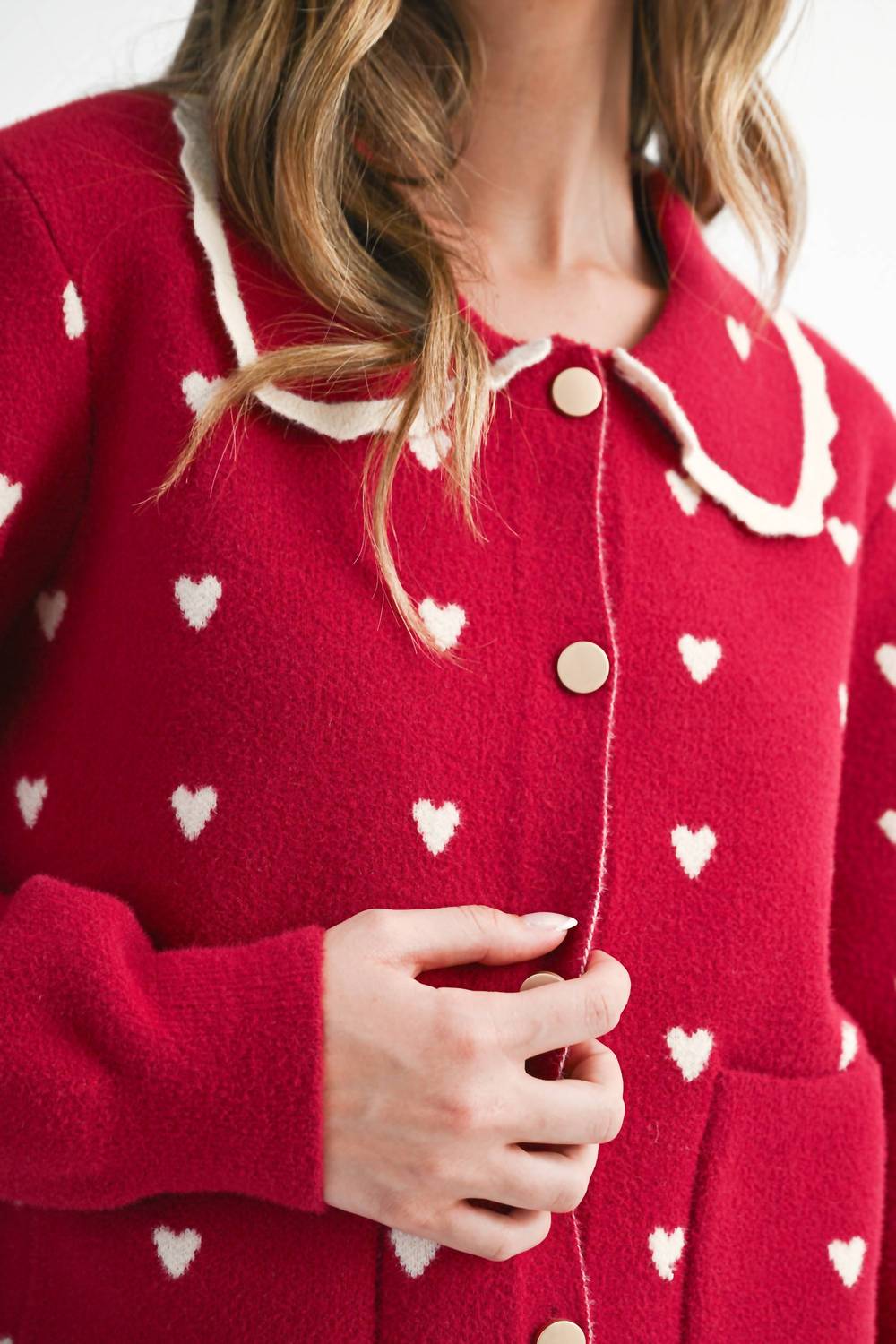 AEMI + CO Heart Pointelle Peter Pan Cardigan in red - women's cardigan - view 5