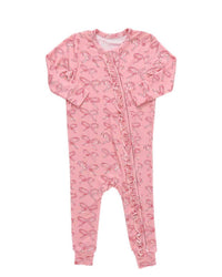 PINK CHICKEN Kid's Ruffle Bamboo Romper in candy cane bows - kids' item