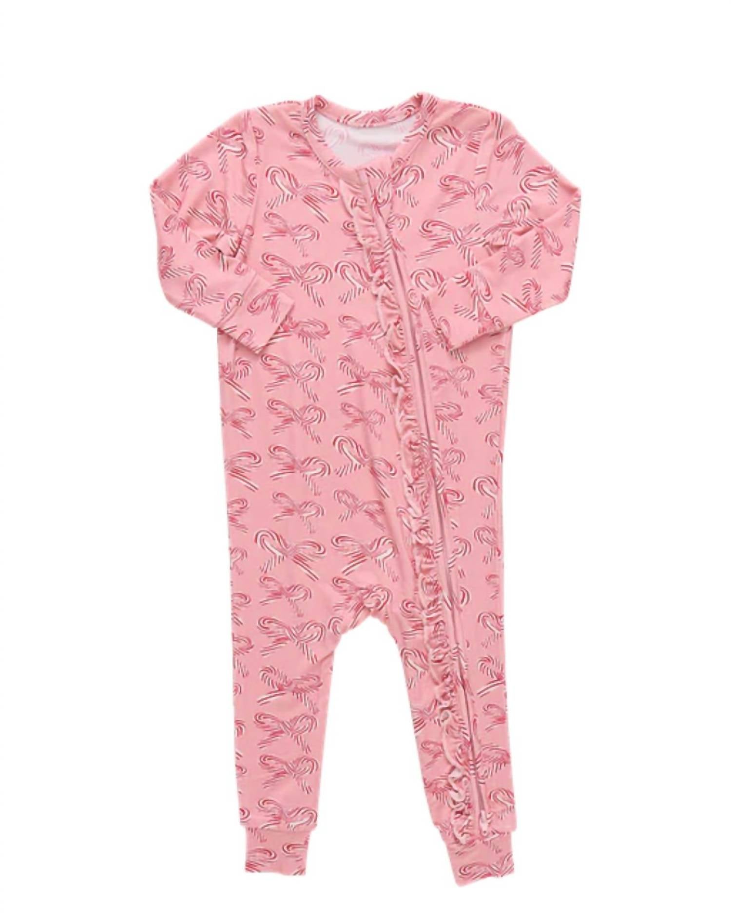PINK CHICKEN Kid's Ruffle Bamboo Romper in candy cane bows - kids' item