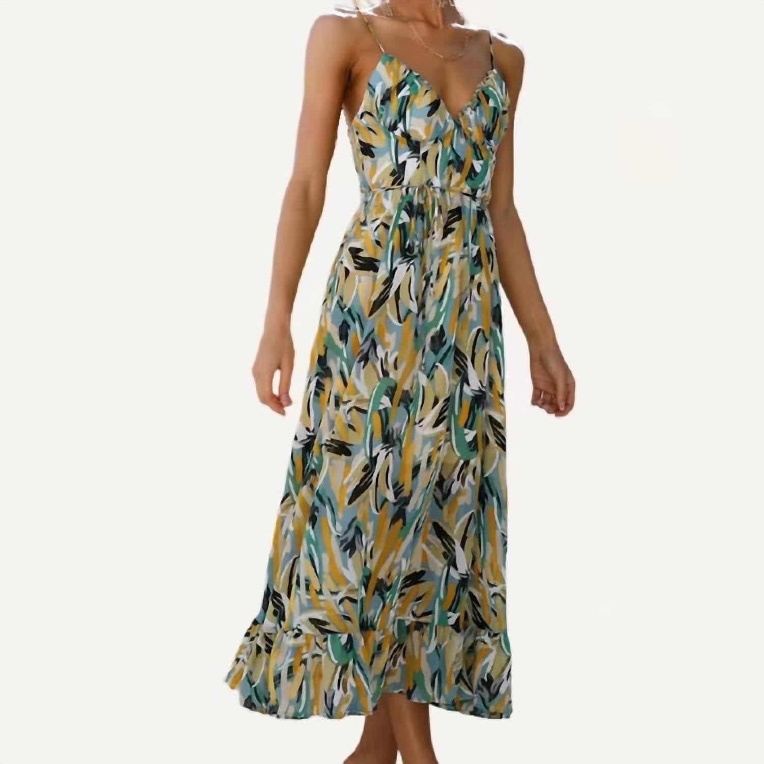 The Moment Collection - Pattern V Neck Spaghetti Straps Midi Dress