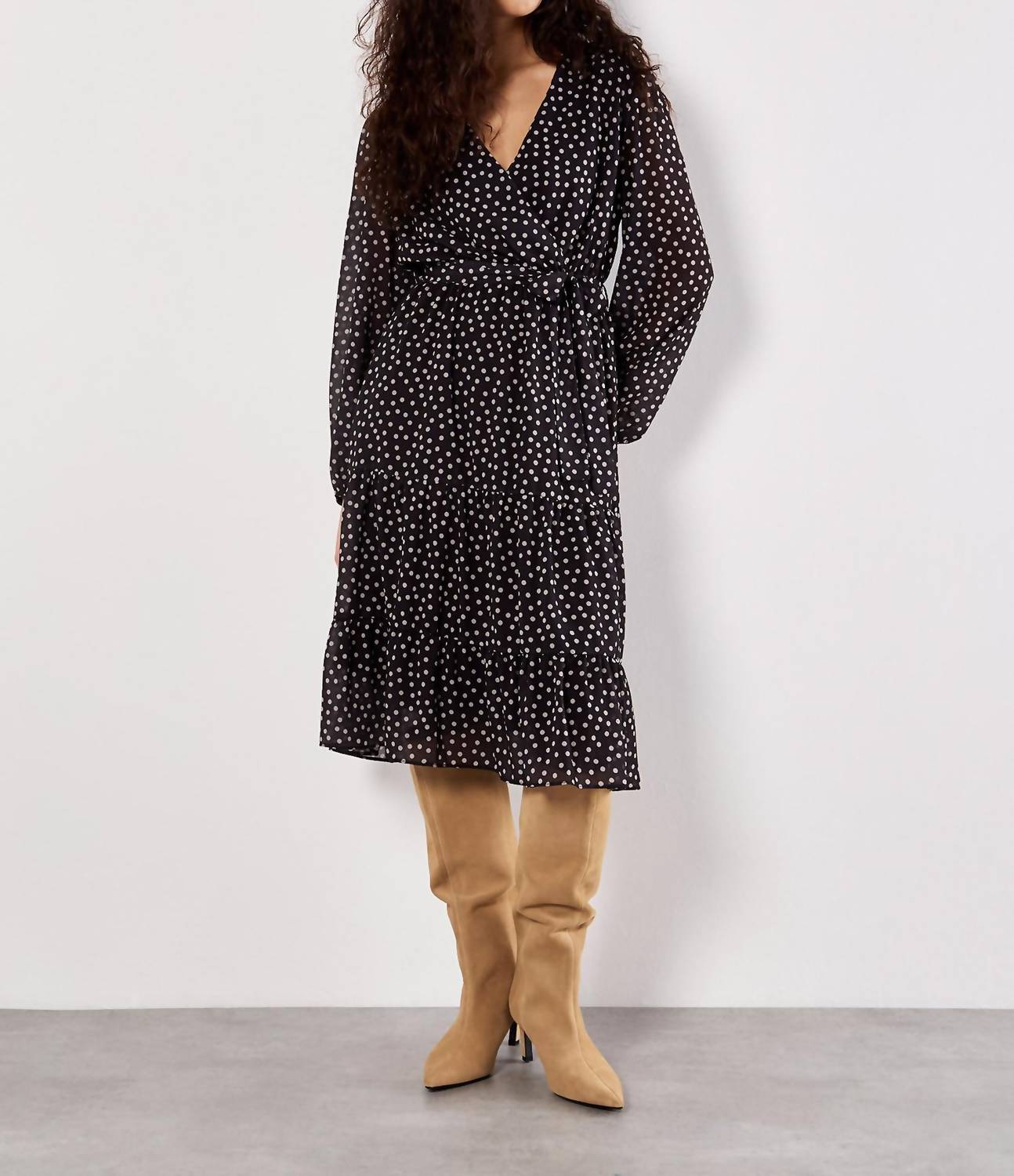 Apricot - Polka Dot Chiffon Wrap Dress