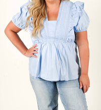 SHE + SKY Pintuck Short-sleeved Perfection Top in blue - women's blouse