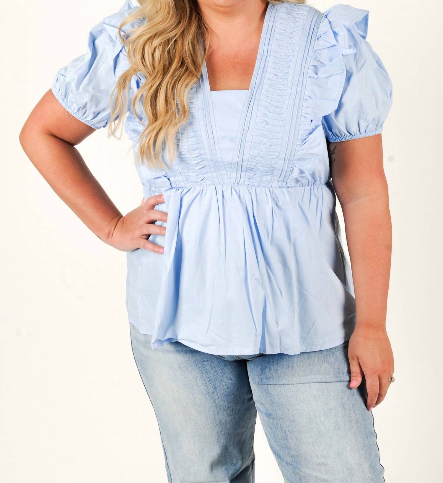 SHE + SKY Pintuck Short-sleeved Perfection Top in blue - women's blouse