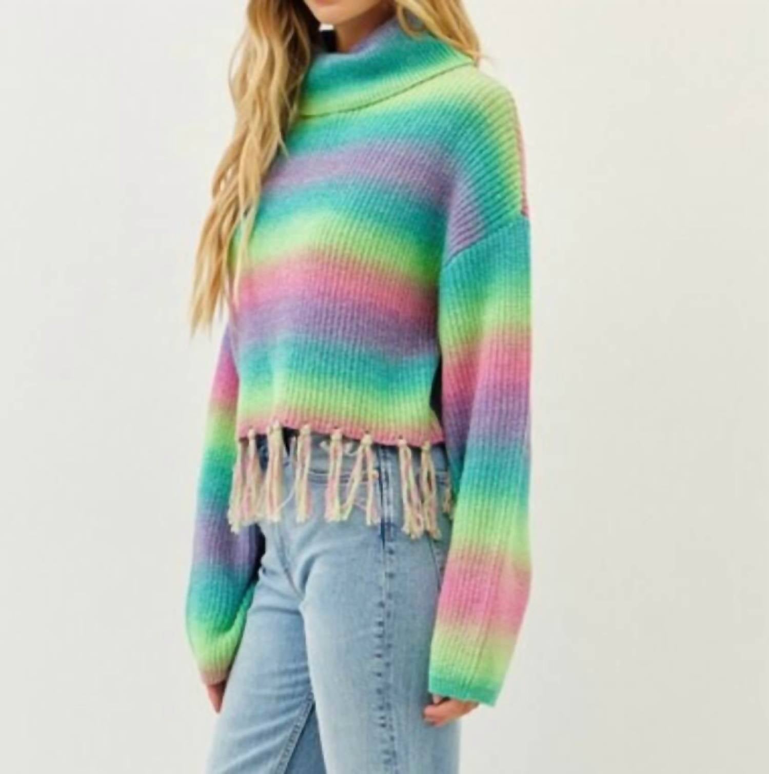 Idem Ditto - Addie Colorful Striped Sweater With Fringe