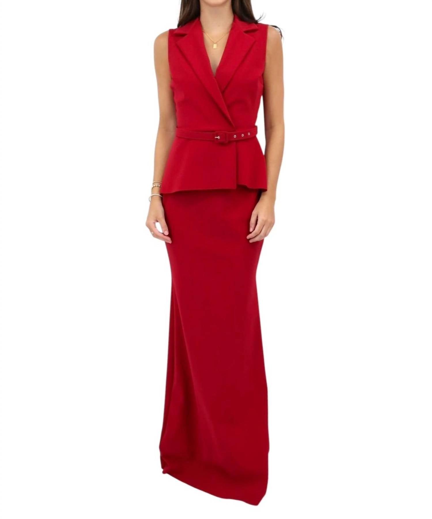 CHIARA BONI Women's Thadira Belted Peplum Column Gown in garnet - women's dress - detail view