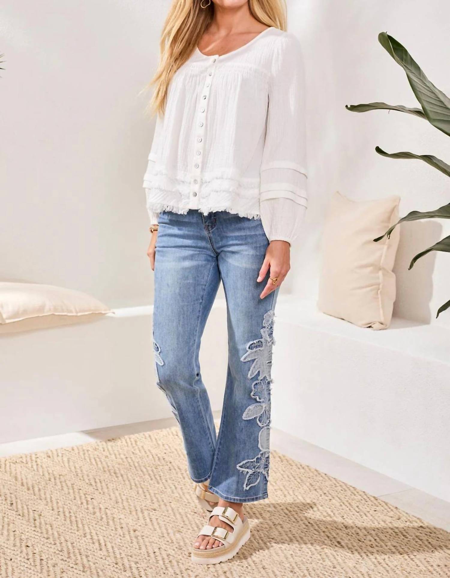 TRIBAL Cotton Gauze Balloon Sleeve Boho Blouse in white - women's blouse - view 4