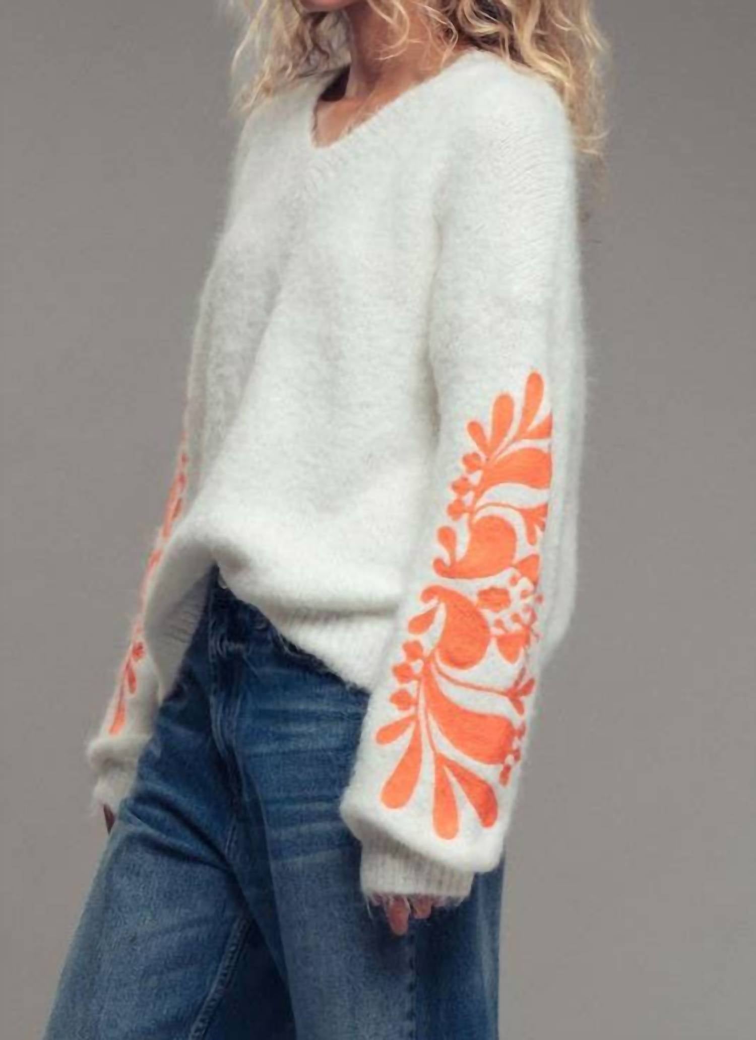 Urban Daizy Floral Detail Sleeve Fuzzy Sweater in white orange - women's sweater - alternate view