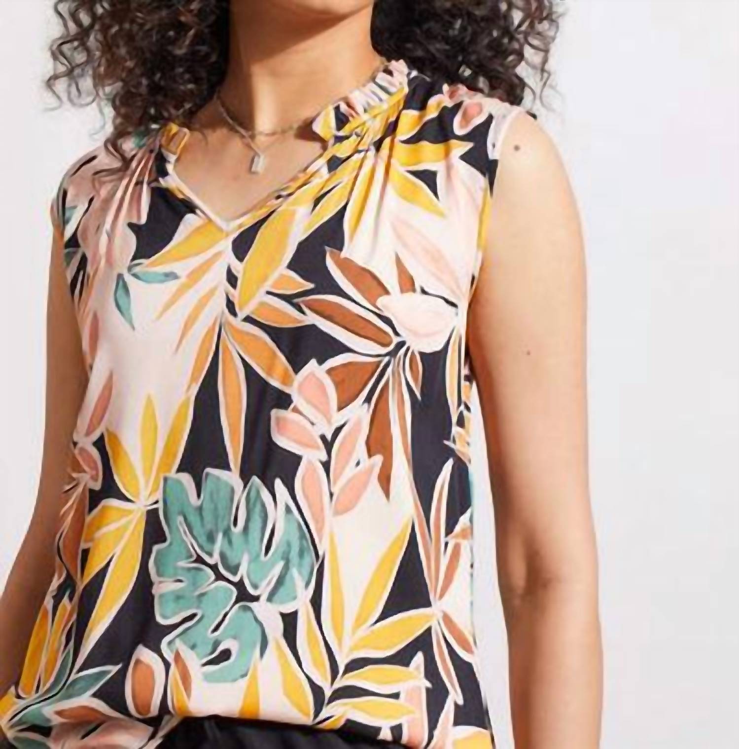 TRIBAL Ruffle Neck Sleeveless Floral Blouse in apricot tan - women's blouse
