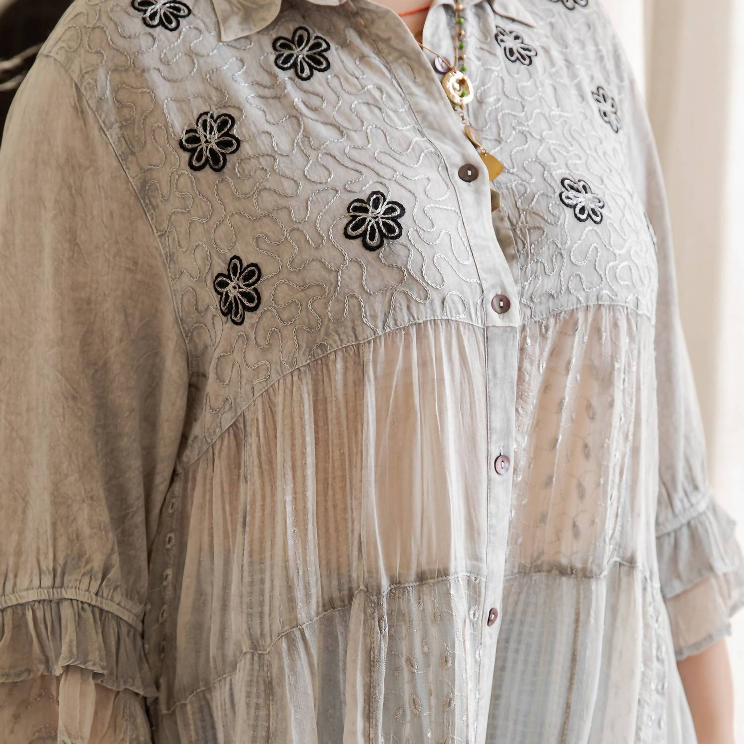 Young Threads - Mexican Embroidery Blouse Gathered Waist Shirt