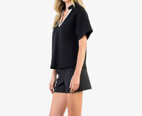 THML Contrast Trim V-Neck Top in black - women's t-shirt - alternate view