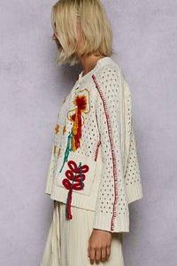 Pol - Long Sleeve Floral Frayed Edge Cardigan Top