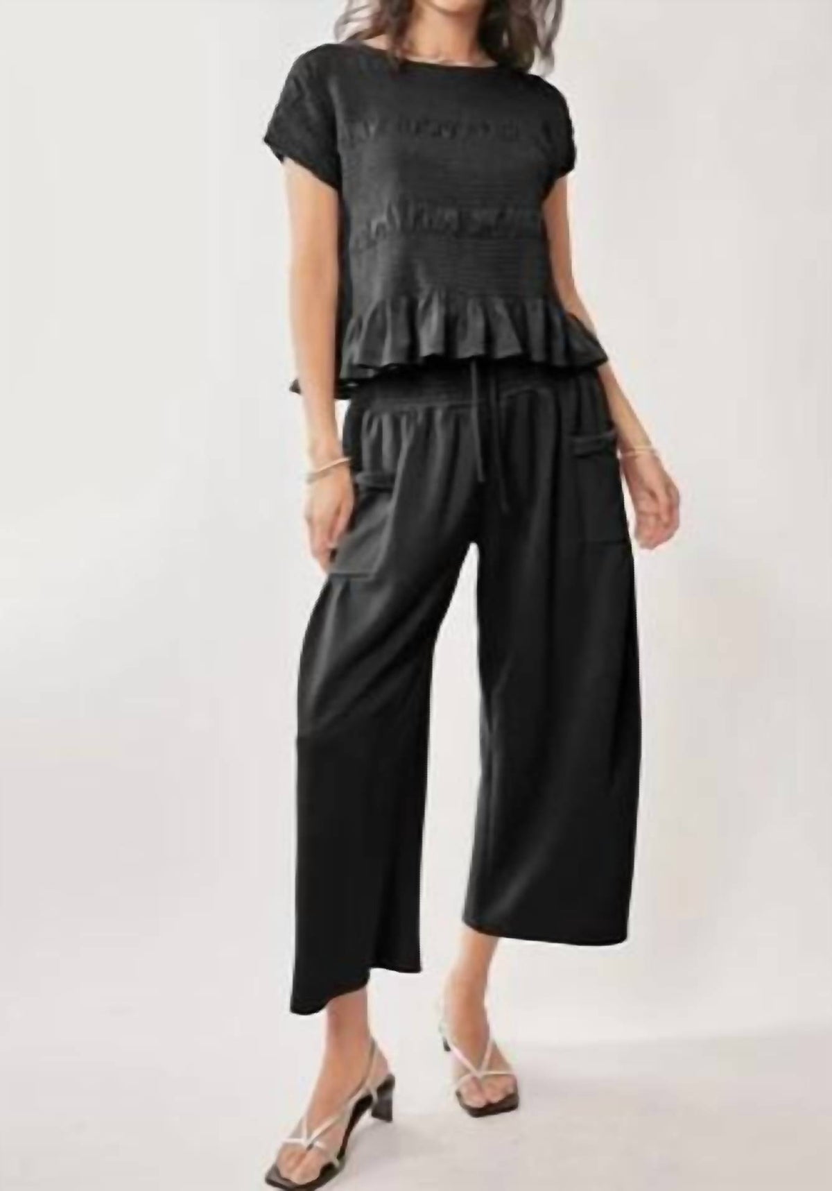 Davi & Dani - Davi & Dani Ruffle Cap Sleeve Top and Waistband Pants Set