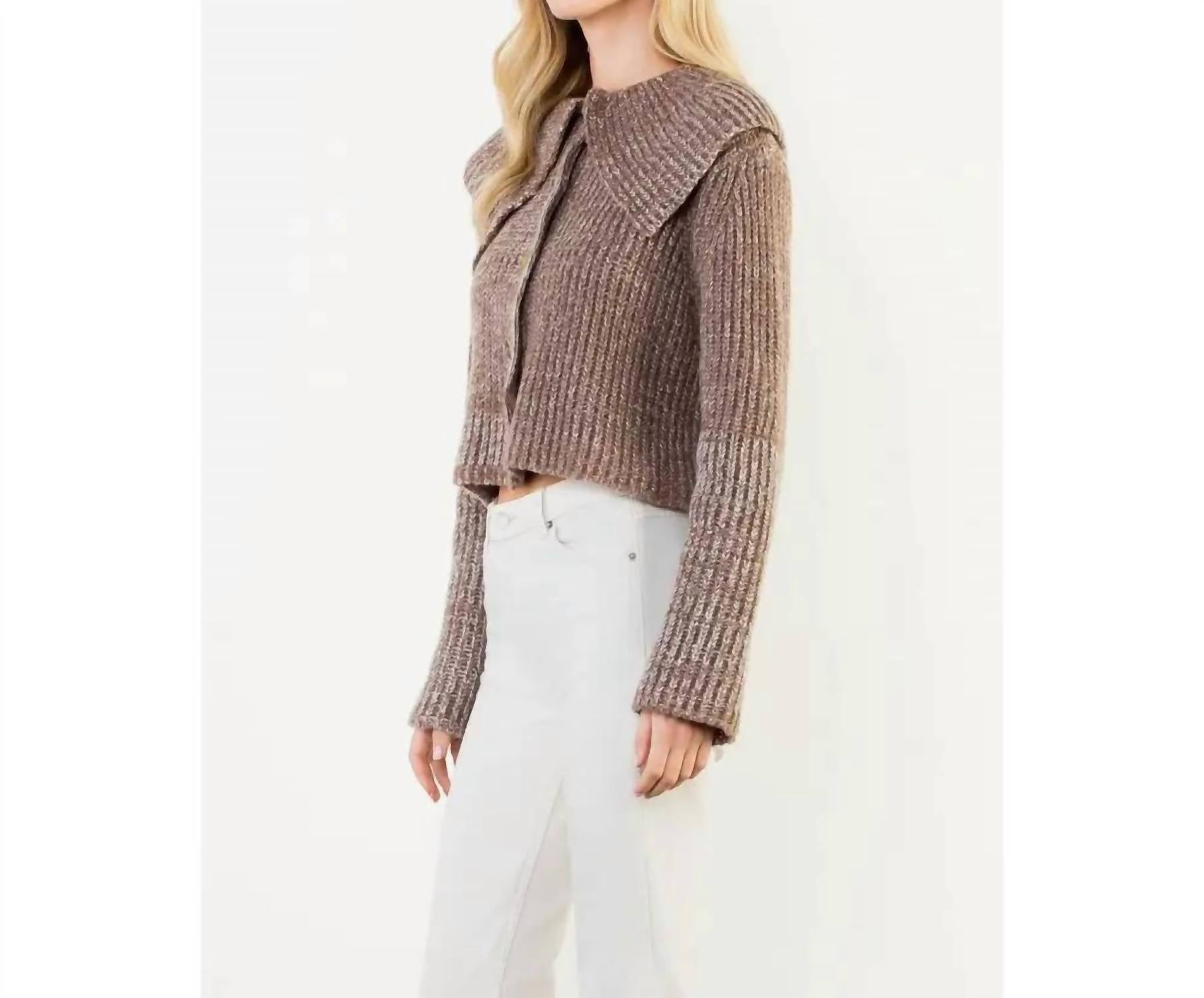 THML Cropped Knitted Collar Cardigan in brown - women's cardigan - alternate view