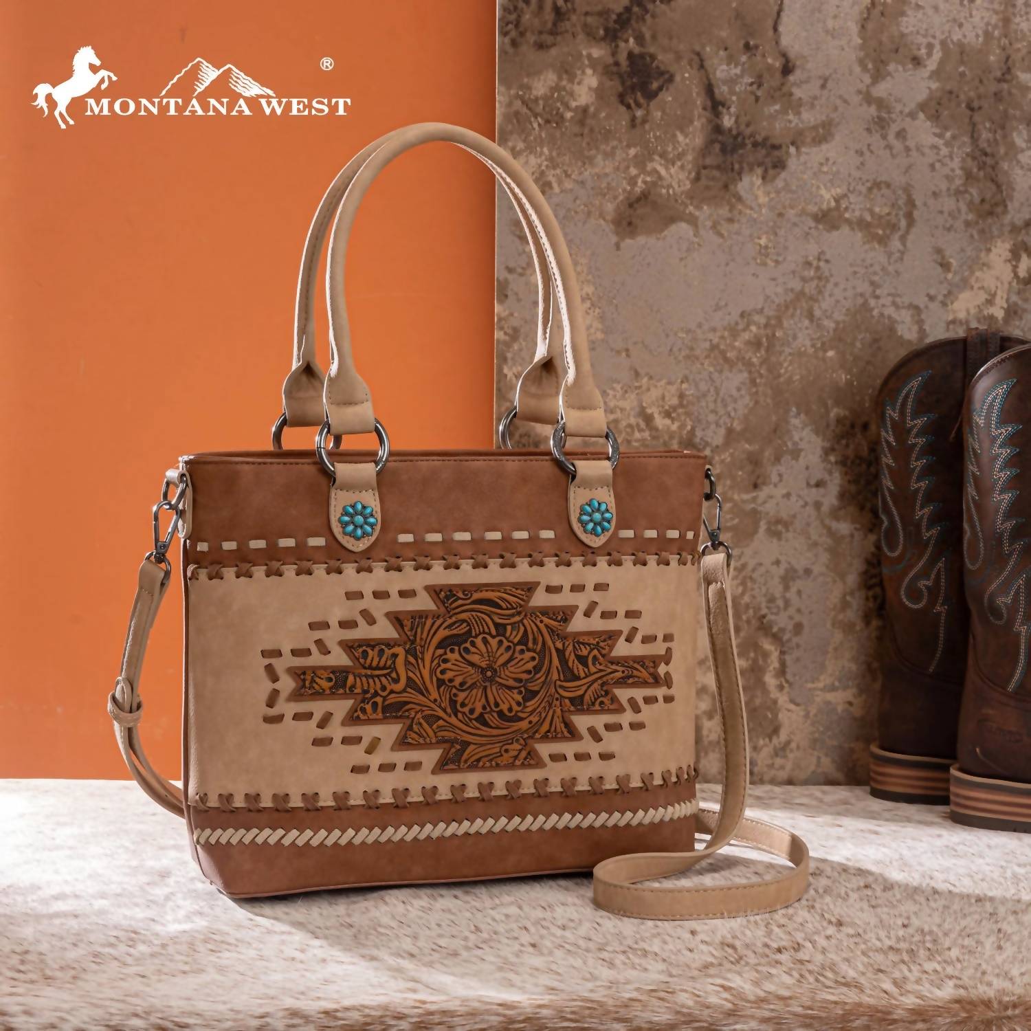 Montana West Western Tooled Aztec Tote in brown - women's bag