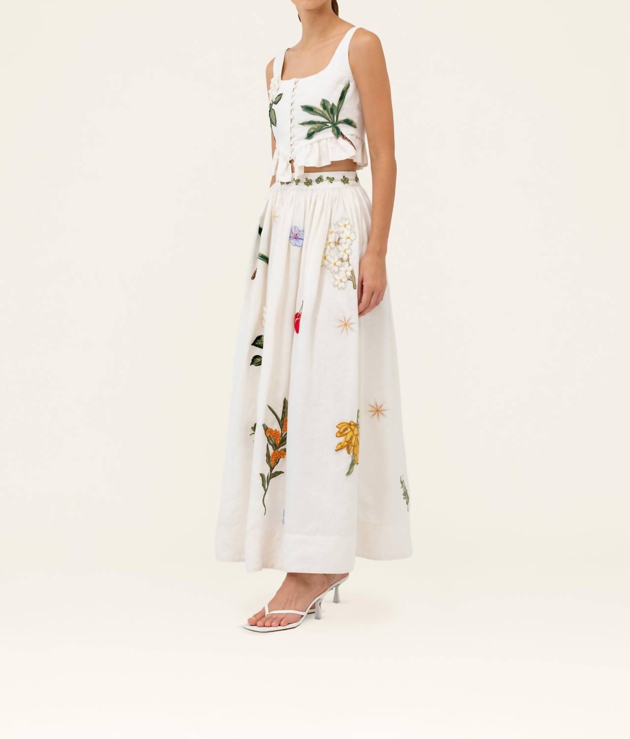 Agua By Agua Bendita - Tangelo Wild Embroidered Linen Maxi Skirt