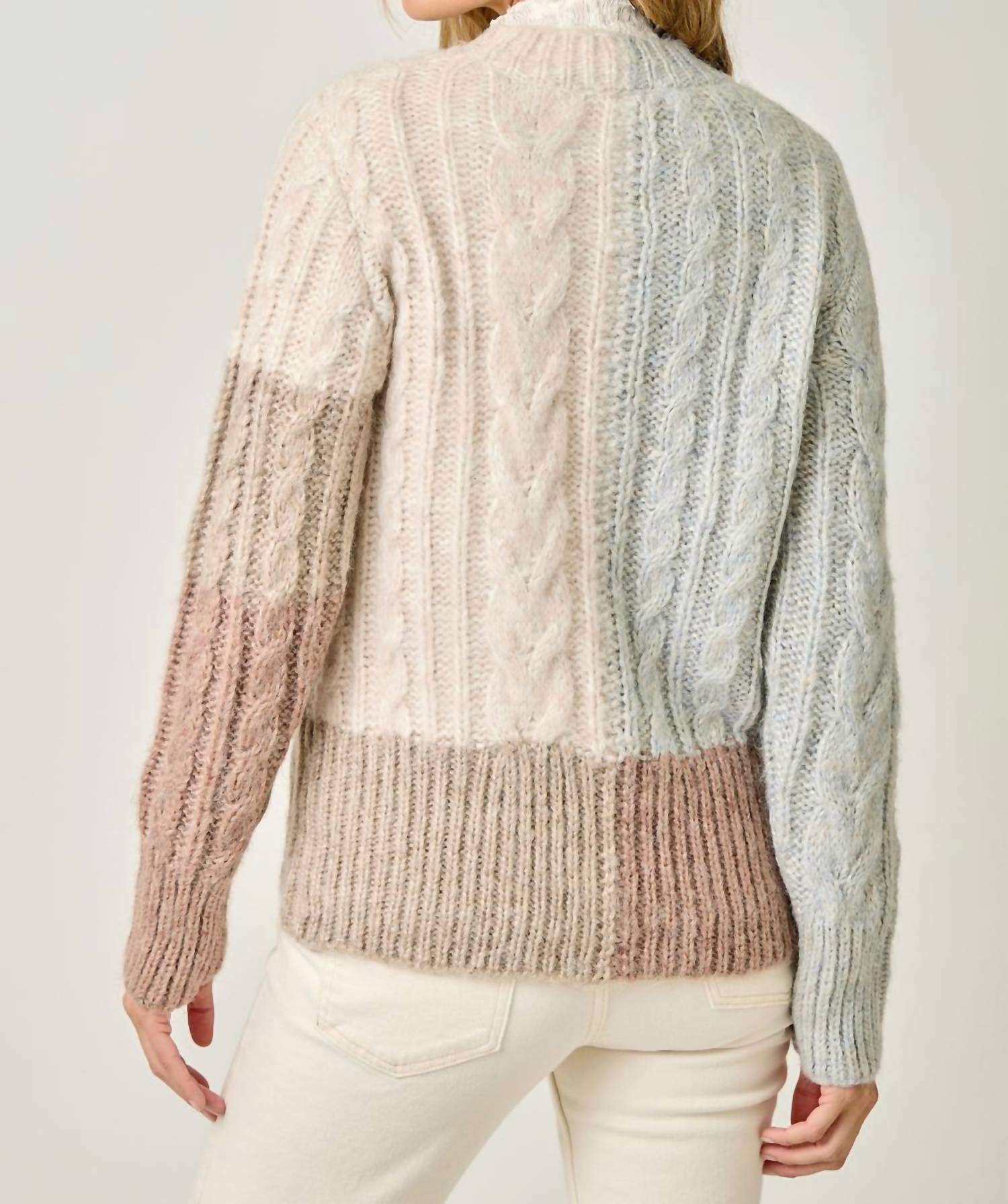 mystree Color Block Cable Knit Sweater in oatmeal mauve - women's sweater - alternate view