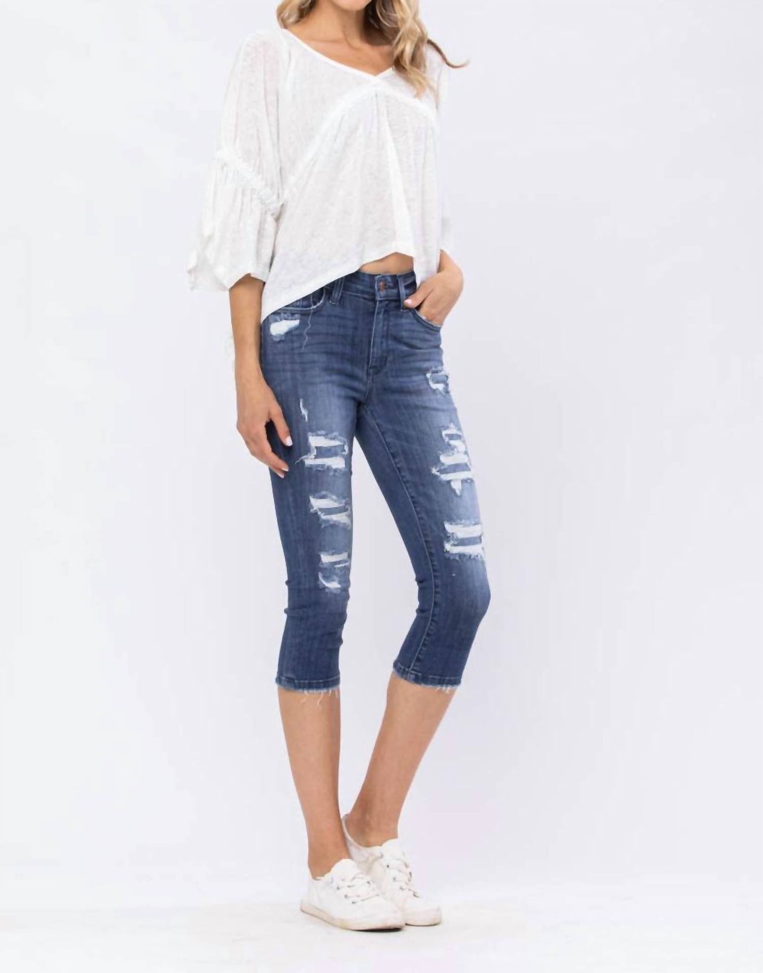Judy Blue - Mid-rise Contrast Patch Skinny Capri Jeans