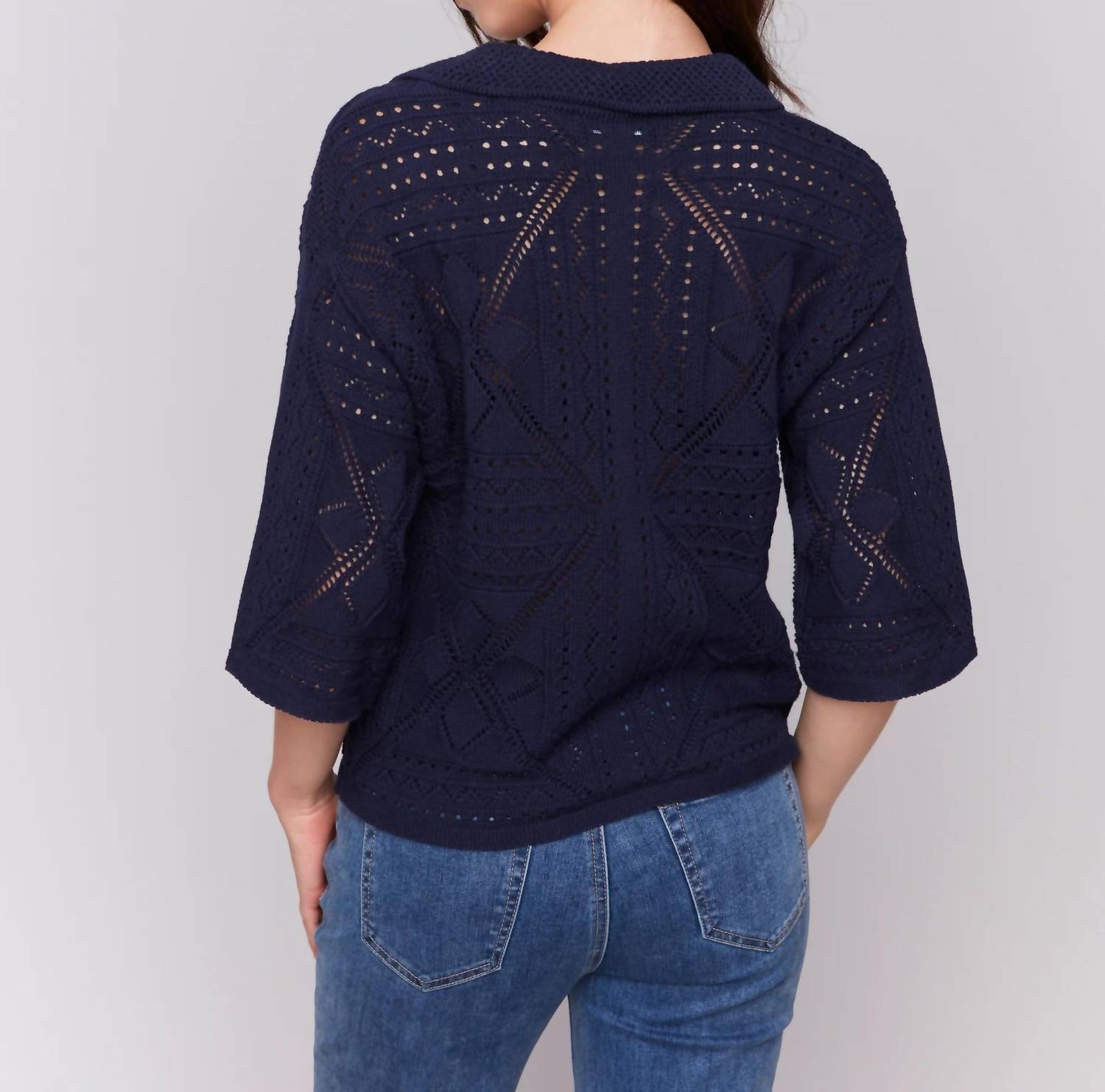 Charlie B - Three Quarter Sleeves Sweater In Pointelle Design