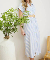 Blu Pepper - Stripe Button Down Belted Midi Shirt Dress