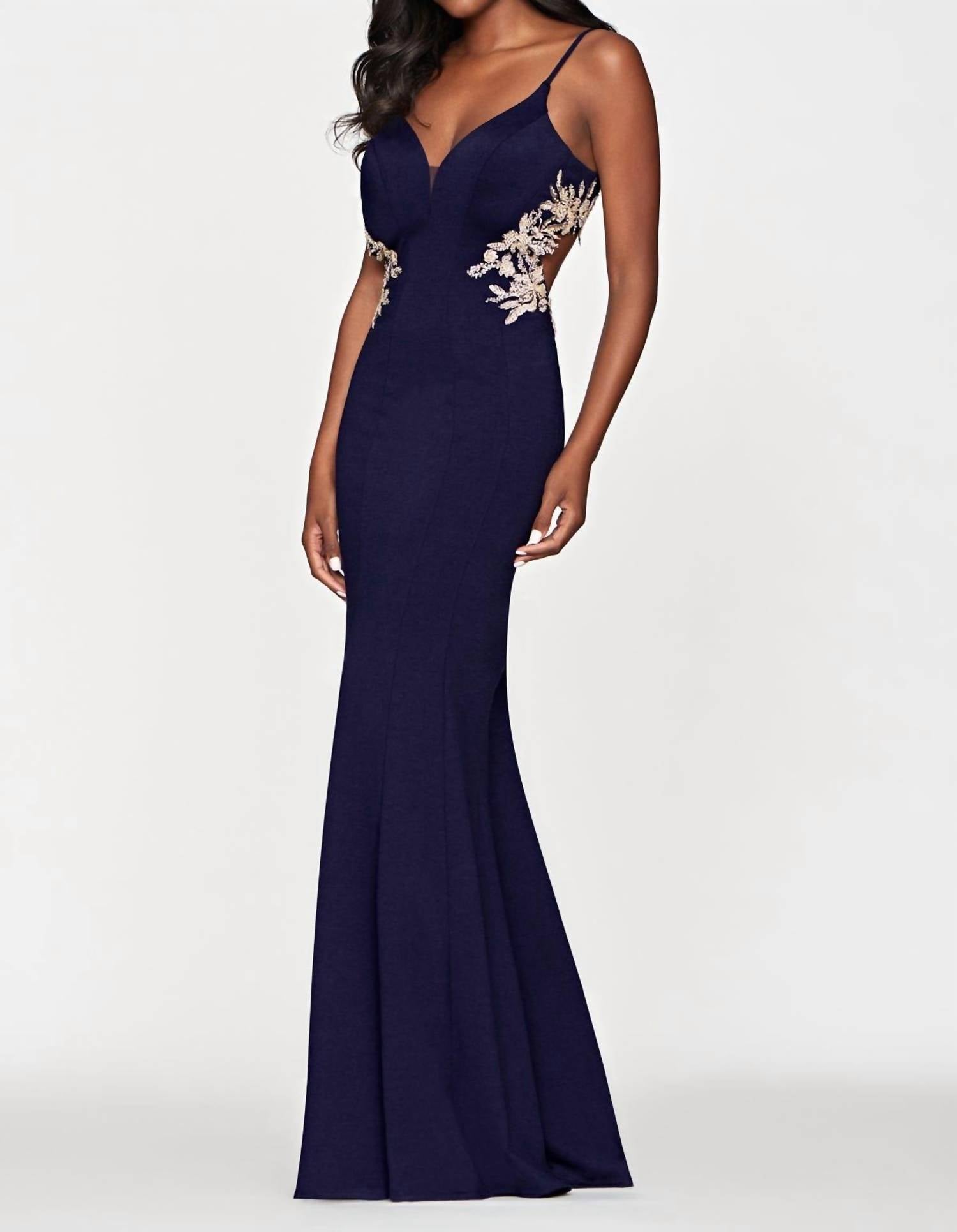 FAVIANA Jersey Cutout With Applique Gown in navy gold - women's dress