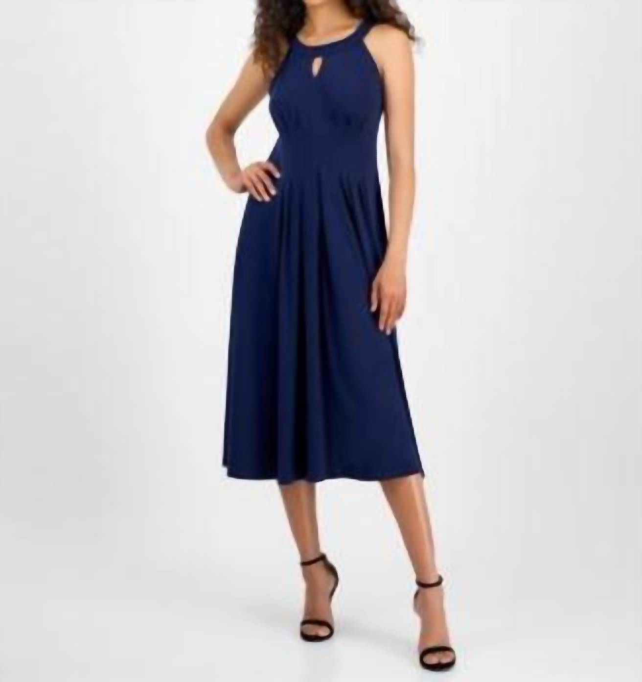 Robbie Bee Sleeveless Keyhole Halter Dress in navy - women's dress
