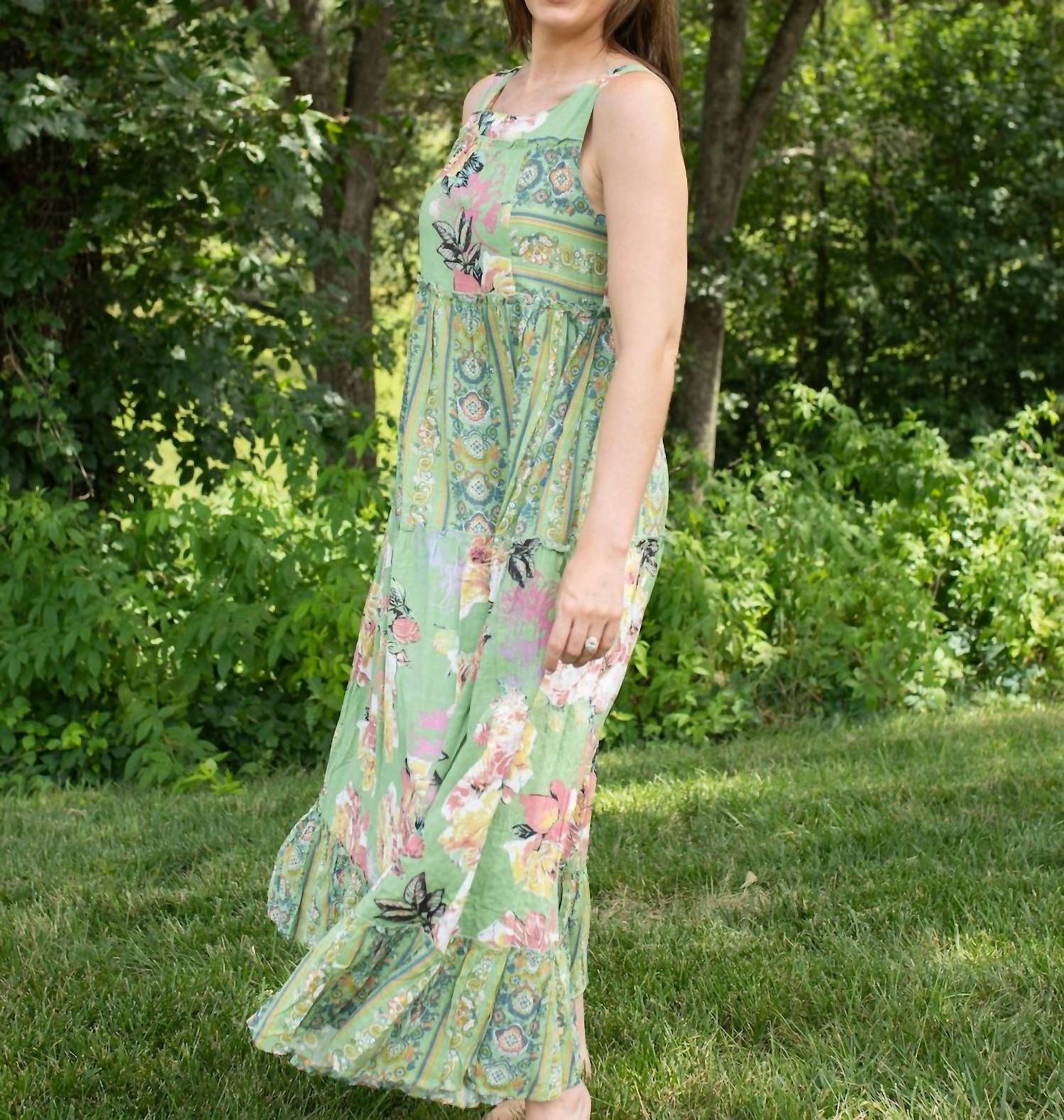 Davi & Dani - Boho Blossom Mixed Stripe Midi Dress
