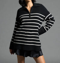 Weekend Los Angeles Coralie Zip Up Sweater in black ivory stripe - women's long sleeve top