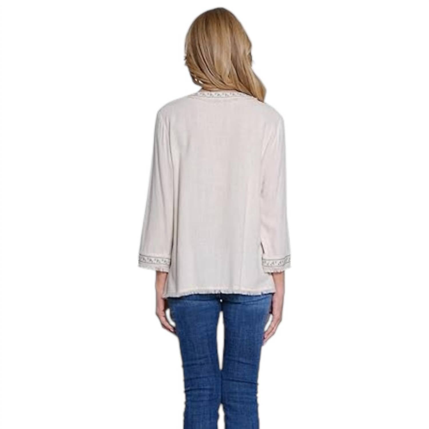 Multiples - Three Quarters Sleeve V Neck Embroidered Top