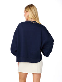 STEWART SIMMONS Michigan Wolverines Rhinestone Balloon Sleeve Pullover in navy - women's sweater - detail view