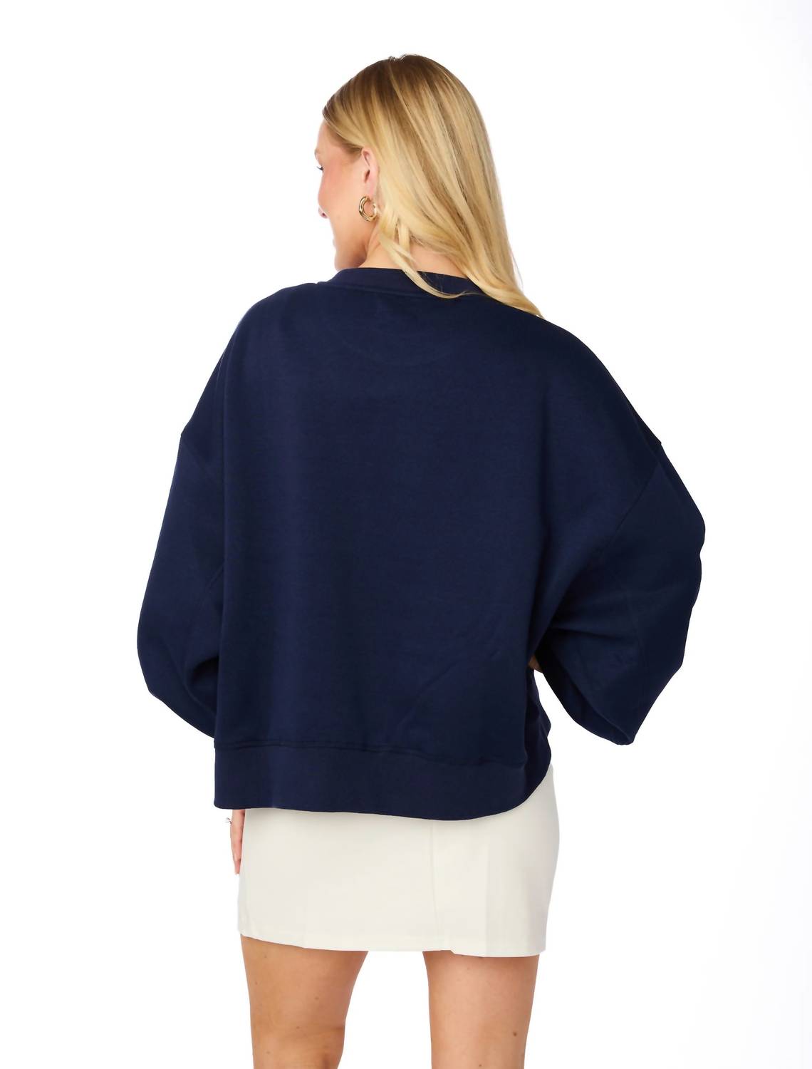 STEWART SIMMONS Michigan Wolverines Rhinestone Balloon Sleeve Pullover in navy - women's sweater - detail view