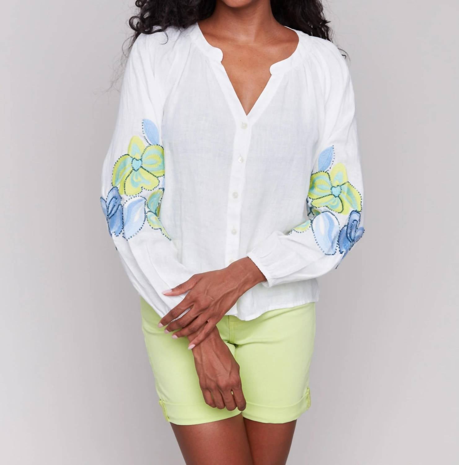 Charlie B - Cotton-linen Button Front Blouse With Embroidery