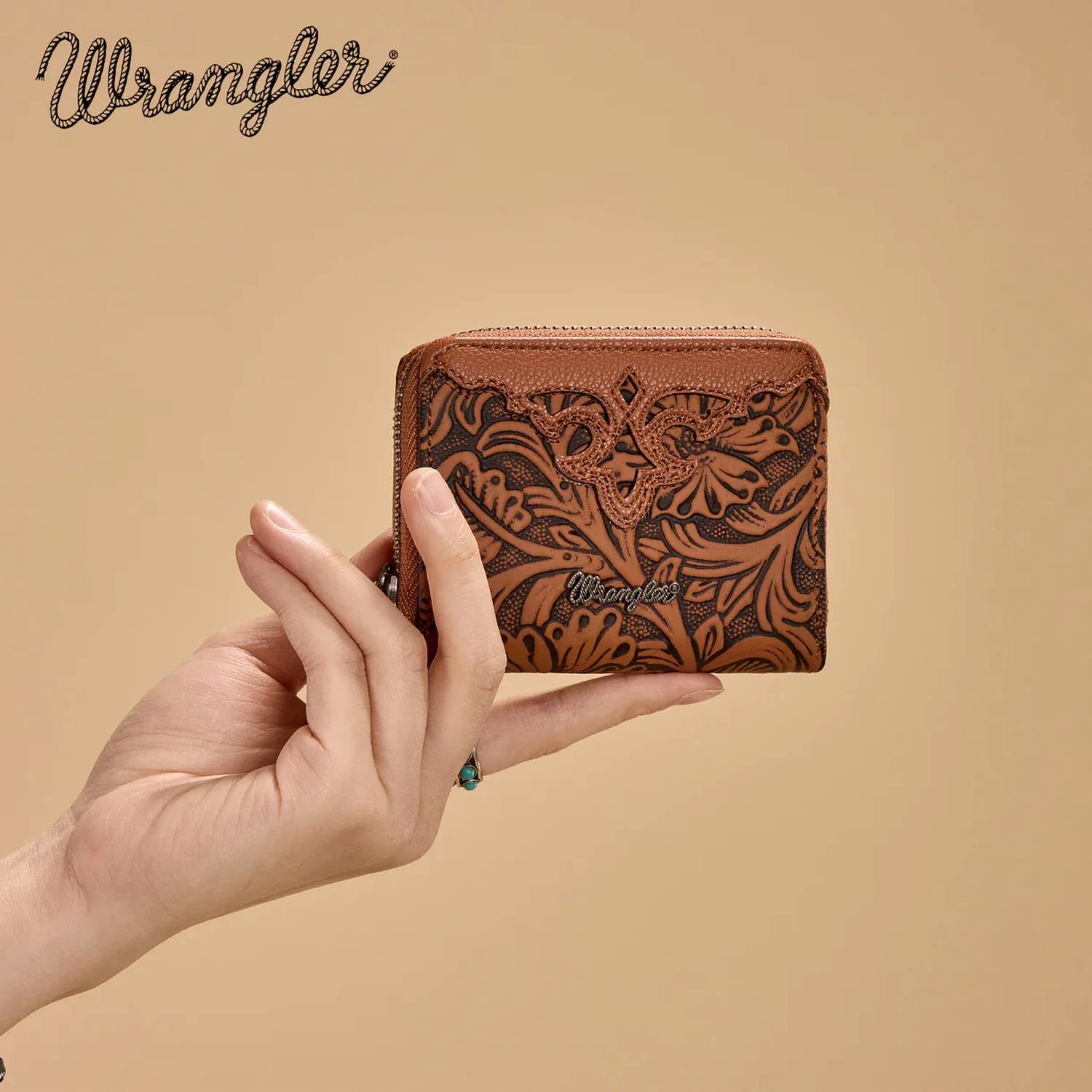 Wrangler Tooled Zip-Around Wallet in brown - women's bag - detail view