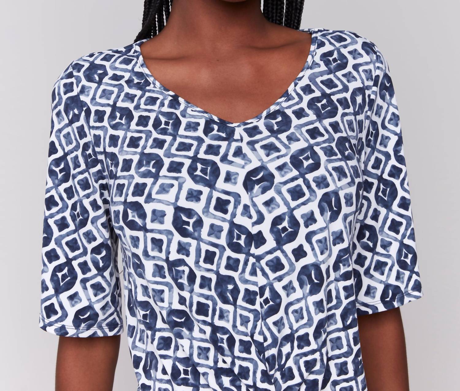 Charlie B - Twist Front Printed V Neck Top