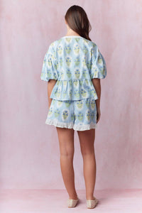 Peach Love Flower Printed With Eyelet Ruffle Detail Shorts in blue - women's shorts - detail view