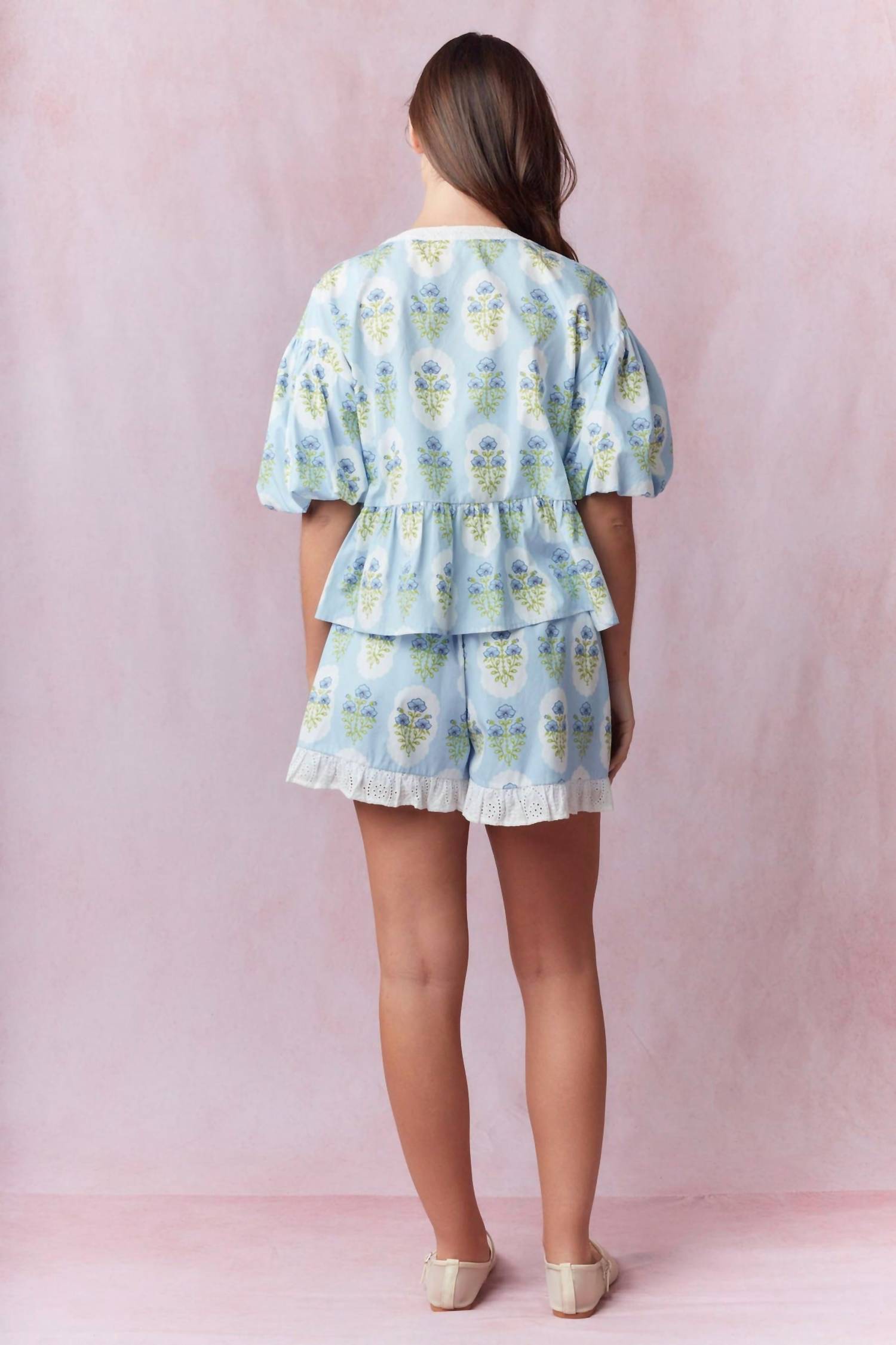 Peach Love Flower Printed With Eyelet Ruffle Detail Shorts in blue - women's shorts - detail view